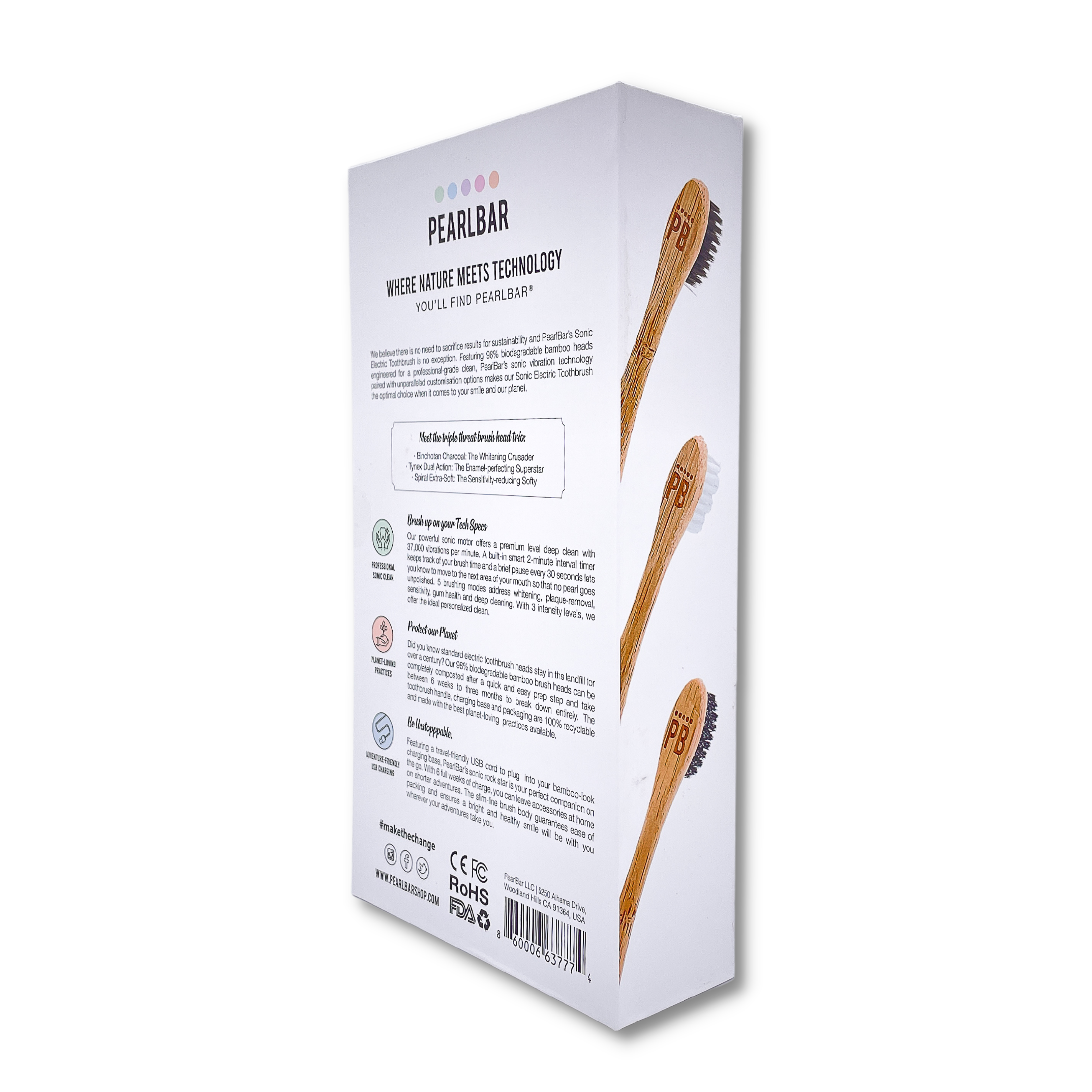 Pearlbar Bamboo Sonic Electric Toothbrush + 3 Brush Heads